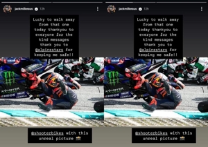 Foto helm dan kepala Jack Miller saat terbentur ban Fabio Quartararo di MotoGP Malaysia 2024. (c) Instagram/JackMillerAus