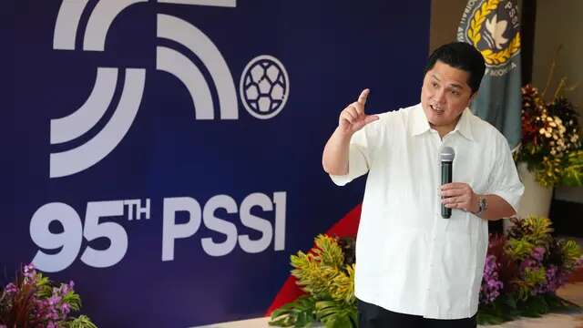 Erick Thohir di acara HUT ke-95 PSSI yang dilangsungkan di The Meru, Sanur, Bali, Sabtu (19/4/2025).