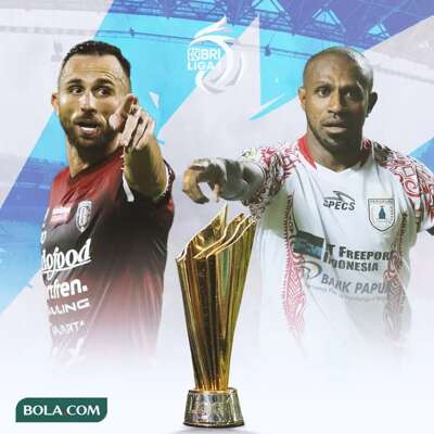 BRI Liga 1 - Ilustrasi Ilija Spasojevic dan Boaz Solossa dengan trofi juara Liga 1