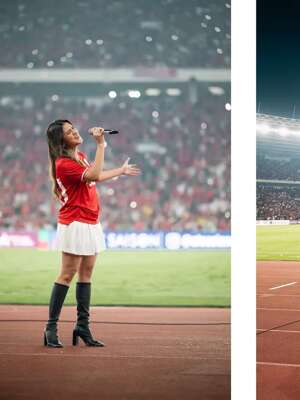 Raisa tampil memukau saat pertandingan kualifikasi piala dunia timnas Indonesia vs Australia (@raisa6690)