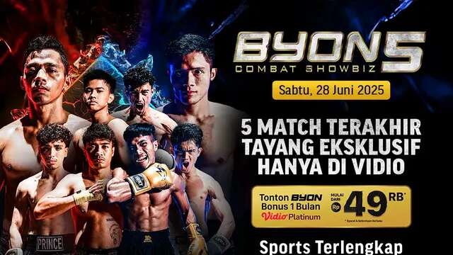 Jadwal Streaming Byon Combat Showbiz Vol. 5 Saksikan Hanya di Vidio. Saksikan pertarungan bela diri dari pertarungan paling bergengsi di Indonesia, Byon Combat Showbiz Vol. 5 akhir Juni ini hanya di layanan OTT Vidio. (sum. doc. vidio.com)