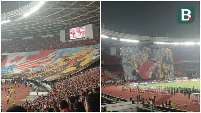Tifo suporter Timnas Indonesia dalam laga melawan China di SUGBK, Jakarta. Tifo tribune utara dari La Grande Indonesia bertajuk Gatotkaca, sedangkan di tribune selatan. (Bola.com/Hery Kurniawan)