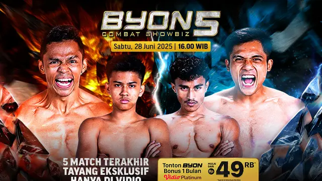 Nonton live streaming pertandingan Byon Combat Showbiz Vol. 5 di Vidio. Jangan lupa beli tiket pay-per-view dan saksikan pertandingan olahraga beladiri spektakuler dari Byon Combat Showbiz 5 hanya di Vidio. (sum. doc. vidio.com)