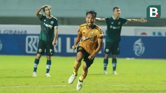 Pemain Bhayangkara FC, Muhammad Hargianto melakukan selebrasi usai mencetak gol ke gawang Persikabo 1973 pada laga pekan ke-6 BRI Liga 1 2022/2023 antara Persikabo 1973 melawan Bhayangkara FC di Stadion Pakansari, Bogor, Selasa (23/8/2022) malam WIB. (Bola.com/M Iqbal Ichsan)