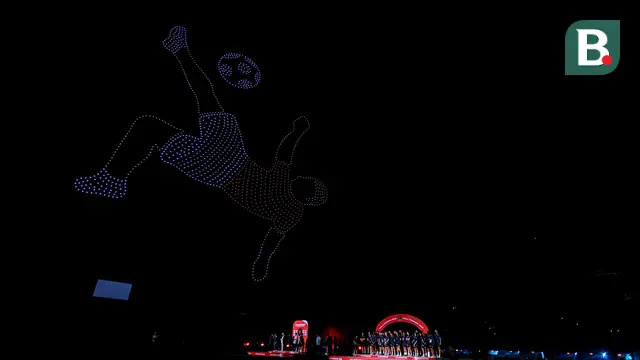 Pertunjukkan aksi ribuan drone menutup pagelaran Piala Presiden 2025 di Stadion Si Jalak Harupat, Kab. Bandung, Minggu (13/7/2025) malam WIB. (Bola.com/Bagaskara Lazuardi)