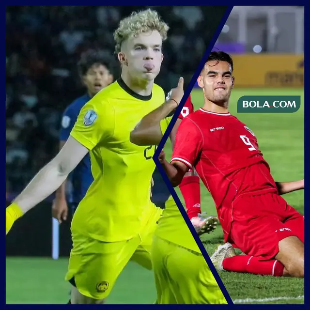 Fergus Tierney (Malaysia U-23) dan Jens Raven (Indonesia U-23). (Bola.com/Wiwig Prayugi)