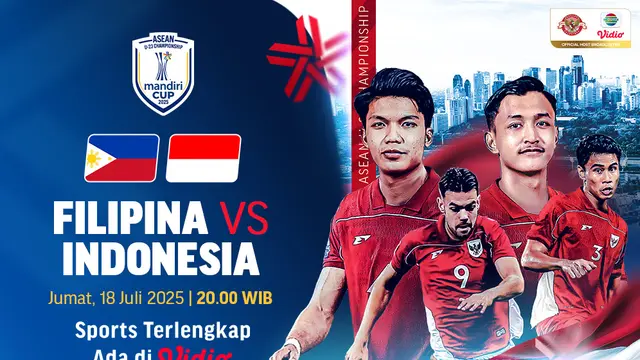 Jangan lewatkan live stream Filipina vs Indonesia di ajang ASEAN U-23 Mandiri Cup 2025 di Vidio. Dukung terus perjuangan Garuda Muda dalam lanjutan grup A di ASEAN U-23 Mandiri Cup 2025, antara Filipina vs Indonesia pekan ini hanya di Vidio. (sum. doc. vidio.com)