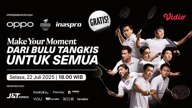 Siaran langsung! Friendly match legenda bulu tangkis Indonesia - OPPO Badminton 2025 di Vidio. Jangan lewatkan pertandingan para legenda bulu tangkis Indonesia, peraih medali emas olimpiade dalam ajang friendly match OPPO Badminton 2025 hanya di Vidio. (sum. doc. vidio.com)