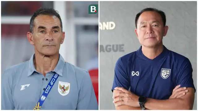 Pelatih Timnas Indonesia U-23, Gerald Vanenburg, dan pelatih Timnas Thailand U-23, Thawatchai Damrong-Ongtrakul. (Bola.com).