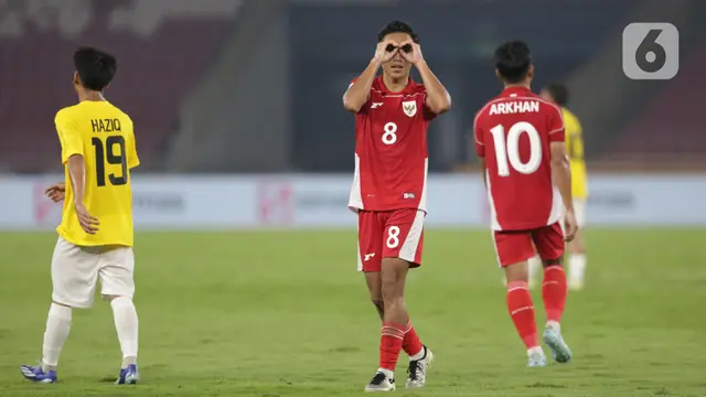 Rayhan Hannan saat merayakan golnya ke gawang Brunei Darussalam pada laga Grup A ASEAN U-23 Championship Mandiri Cup 2025 di Stadion Utama Gelora Bung Karno, Jakarta, Selasa (15/7/2025). (Liputan6.com/Helmi Fithriansyah)