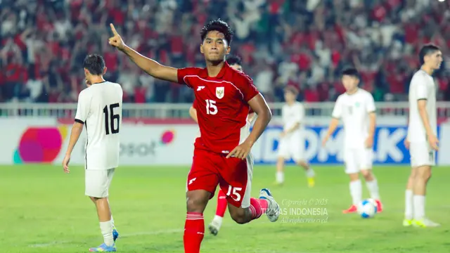 Selebrasi pemain Timnas Indonesia U-17, Muhamad Algazani usai membobol gawang Uzbekistan dalam laga kedua Piala Kemerdekaan 2025 di Stadion Utama Sumatera Utara, Deli Serdang, Jumat (15/8/2025). (Dok. Timnas Indonesia).