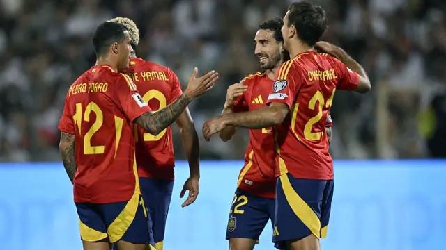 Timnas Spanyol meraih kemenangan 3-0 atas Bulgaria pada laga perdana Grup E Kualifikasi Piala Dunia 2026 zona Eropa di Vasil Levski National Stadium, Jumat (5/9/2025) dini hari WIB. (AFP/Nikolay DOYCHINOV)